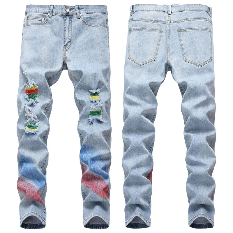 

2022 New men's jeans trendy hole slim jeans pant hand painted color denim jeans men