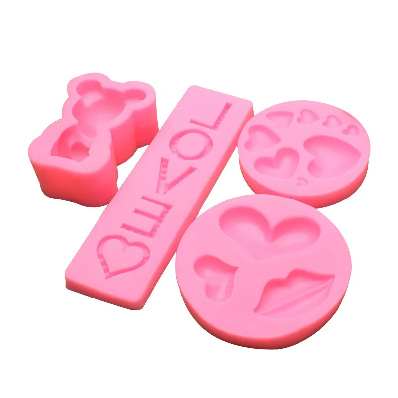 

4 Kinds LOVE Valentine's Day Bear Lip Fondant Silicone Mold Cake Decoration DIY Epoxy Plaster Mold Baking Tool, As picture