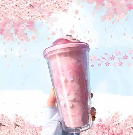 

Wholesale Water Bottle With Straw Cute Pink Sakura Flower Household Items Kids Adults Clear Cup Plastic 500 ML Water Bottle, Pink,purple