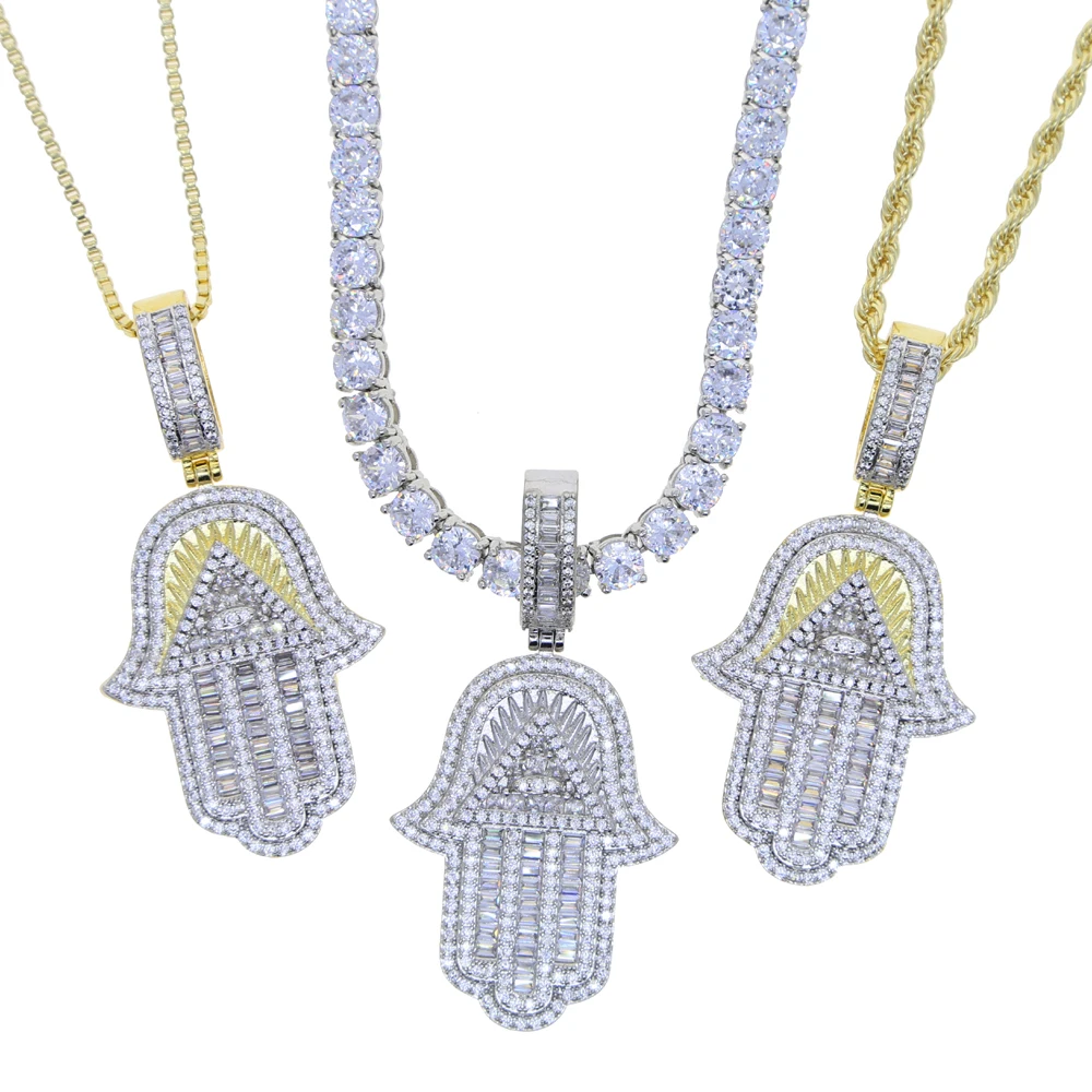 

New Iced Out Bling Women Jewelry Micro Pave CZ Lucky Evil Eye Hamsa Hand Pendant Tennis Charm Necklace, Gold silver