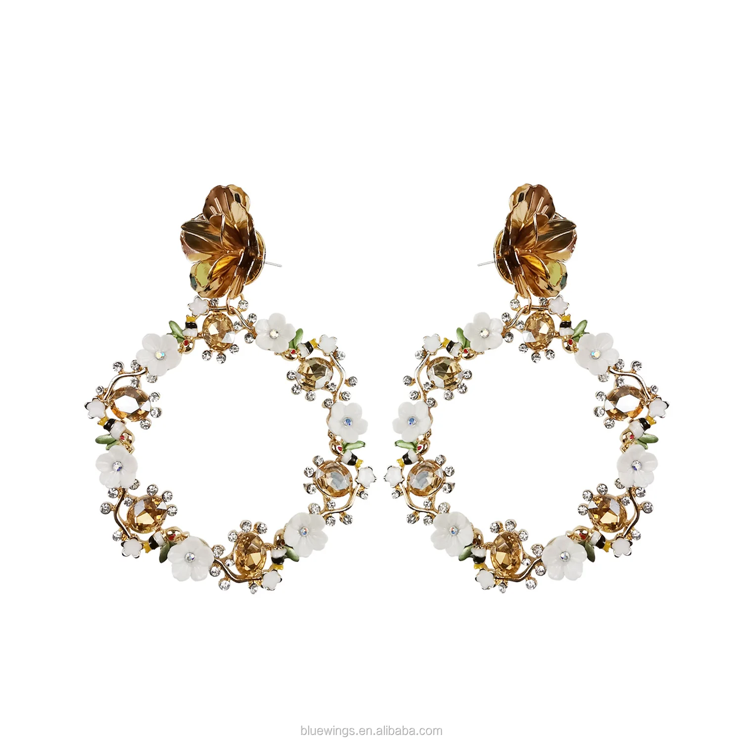gold plated large twisted hoop diamond round shape flower earrings for women 2019