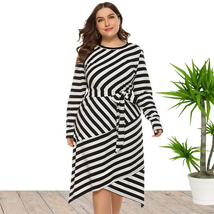 

Ready to Ship Fashional Cotton Material Strip Print Plus Size Long Sleeve Dresses For Women