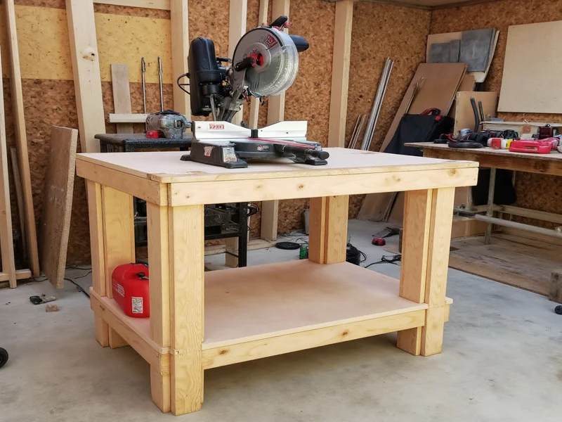 Completed DIY miter saw stand with dust collection attachment