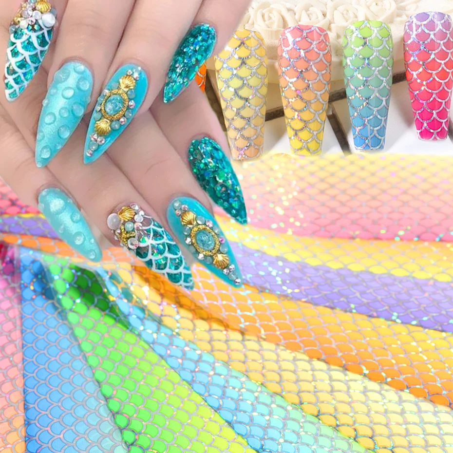 

10Pcs Gradient Mermaid Nail Sticker Laser Fish Scales Nail Foil Holographic Transfer Wave Decal Starry Paper Nail Art Decoration
