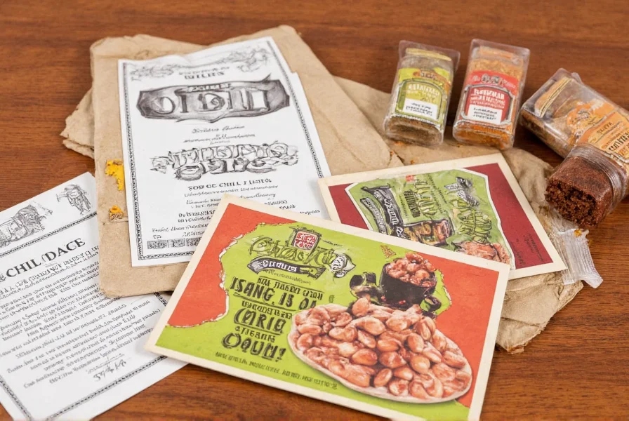 Close-up view of various chili kit components including spice packets, dried beans, and recipe cards arranged on wooden table