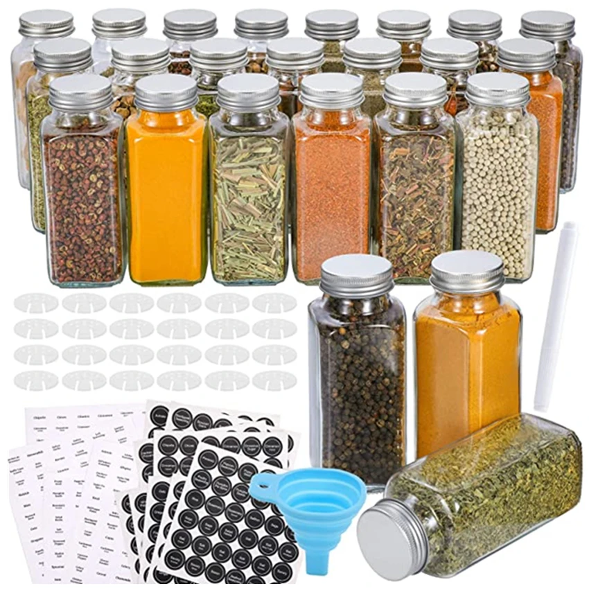 

4oz Square Glass Spice Jars with Shaker Lids and Airtight Metal Lids, Transparent