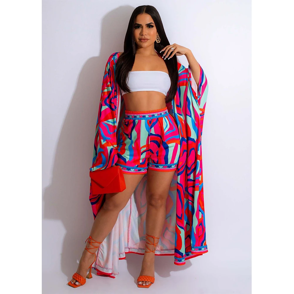 

Women Casual Outfits Printed Long Sleeve Coat And Shorts 2 Piece Set