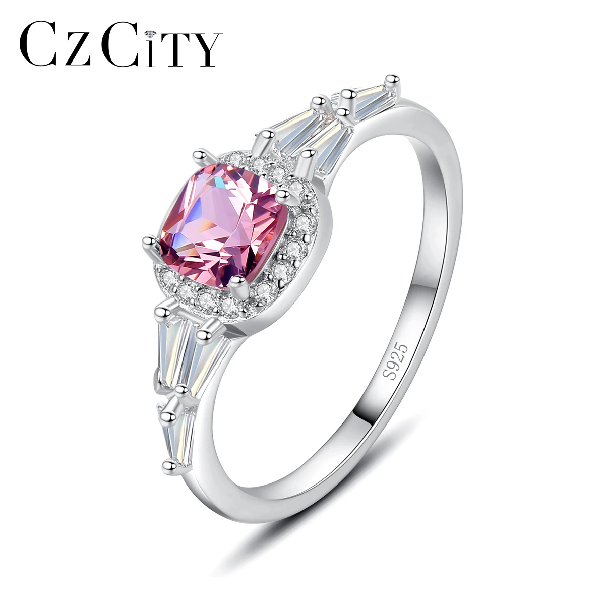 

CZCITY Silver S925 Square Shape Pink Color Gemstone Engagement Women Rings for Ladies Finger Ring