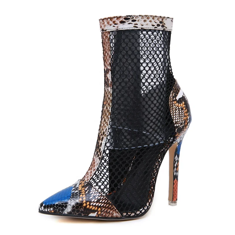 

2020 early spring new mesh net snake skin high heel summer short boots, Blue/grey