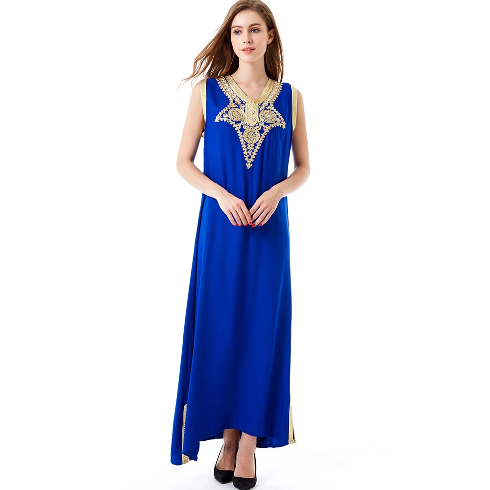 

2021 plus size islamic clothing muslim maxi dress sleeveless women gown dubai diamond caftan kaftan abaya with decorative stone, Blue, black, red, cyan