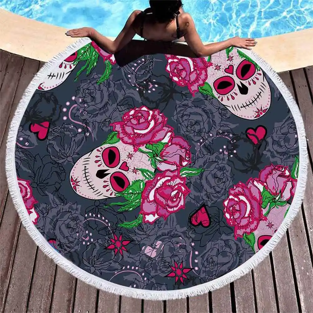skull-rose round beach towel 