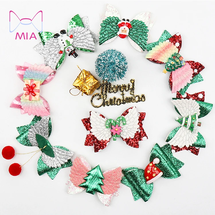

Free Shipping 3"Glitter Christmas Hair Bows With Santa Claus Girls Party Hairgrips Handmade Boutique Hair Clips Hair Accessories, Picture shows
