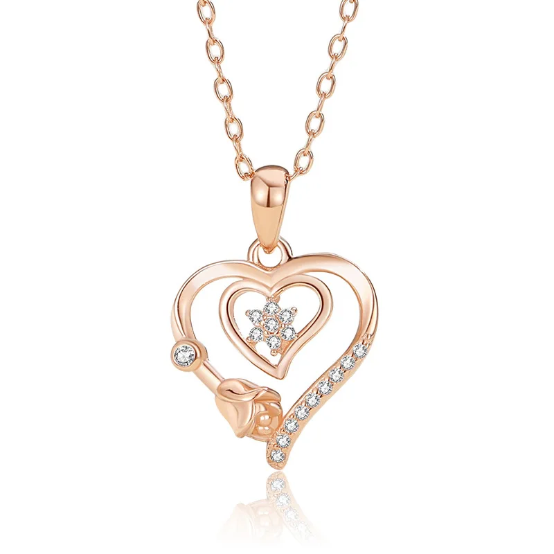 SPJ Wholesale Price Valentine's Day Double Heart Rose Flower Cubic Zircon Pendant Rose Gold Plated S925 Necklace for Women