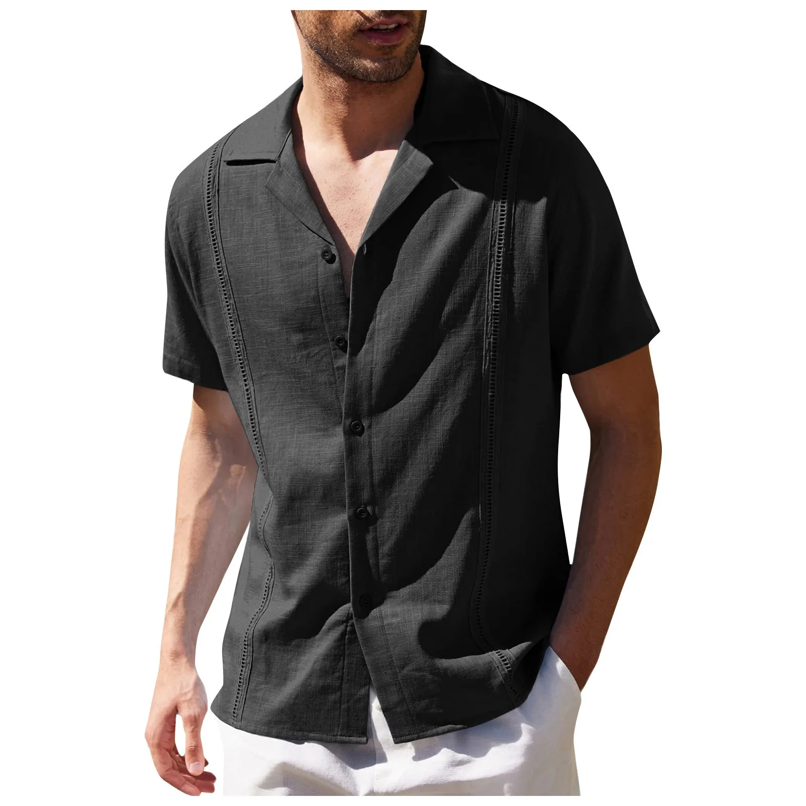 

Mens Summer Casual Button Down Polyester Similar Linen Shirts Men beach short sleeve blouse Shirt Tops Custom LOGO Label