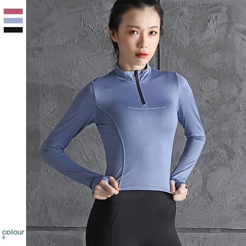

Wholesale Price Breathable Sports Crop Top Set Women Long Sleeves Workout Slim Shirt Women Yoga Sports Jacket, Black, blue, pink