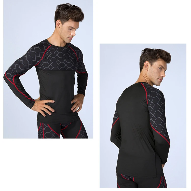 

Men's Fitness Print Stitching Long Sleeve Running Training Quick-Drying High Elastic Tights Lattice Cheque Sport Shirt, 5 colors