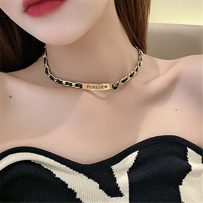 

The letter FOREVER can be carved into a strip clavicle chain titanium steel necklace black woven leather women's necklace