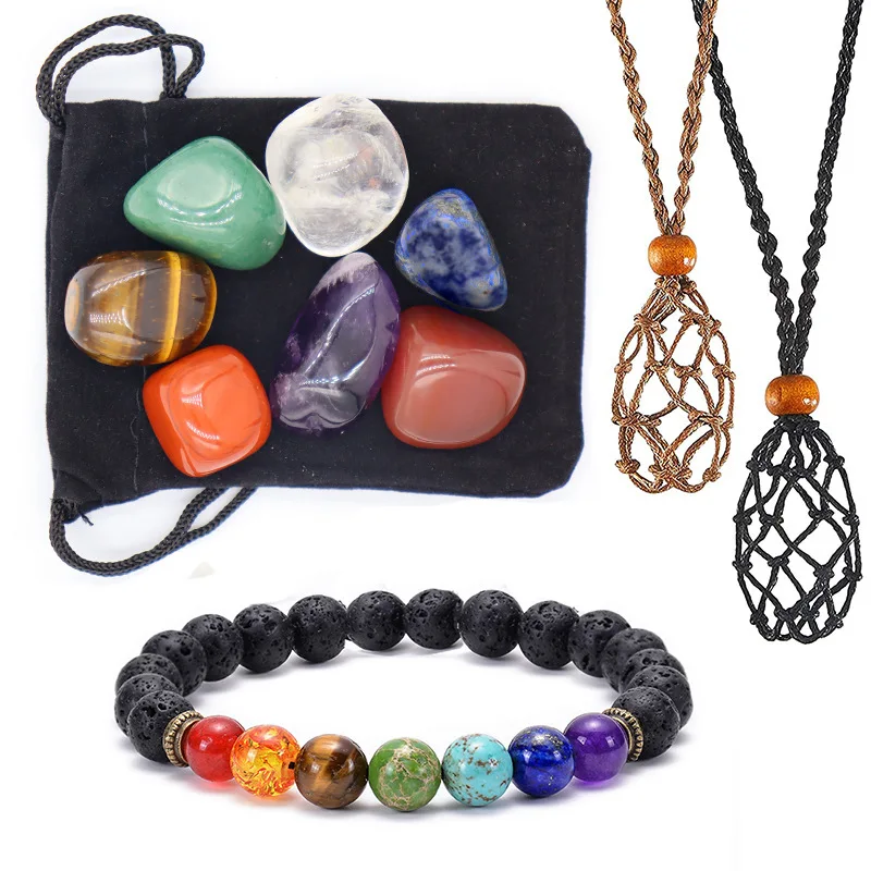 

Natural Seven Chakra Stones Bracelet Travel Set Mixed Meditation Healing Crystal Tumbled 7 Chakra Stone With Velvet Bag Package