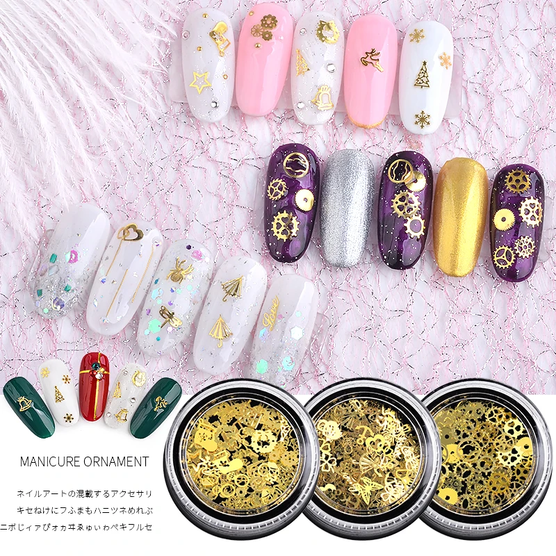 

1 Box Ultra thin Metal Slices Mix Christmas Butterfly Heart Steampunk Gear Metallic Flakes 3d Gold Nail Art Decorations