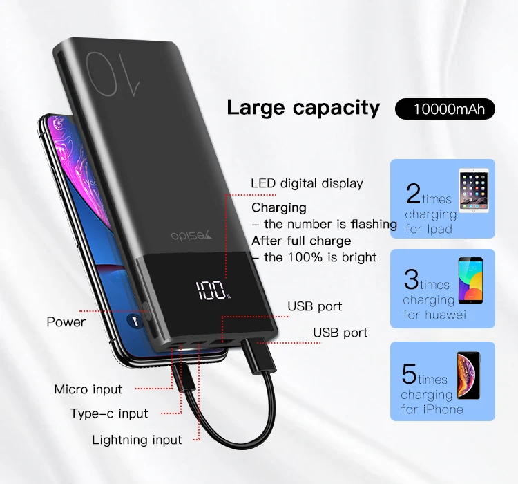 Yesido High Capacity Powerbank Dual Usb Port Mobile Phone 10000Mab Power Bank Portable