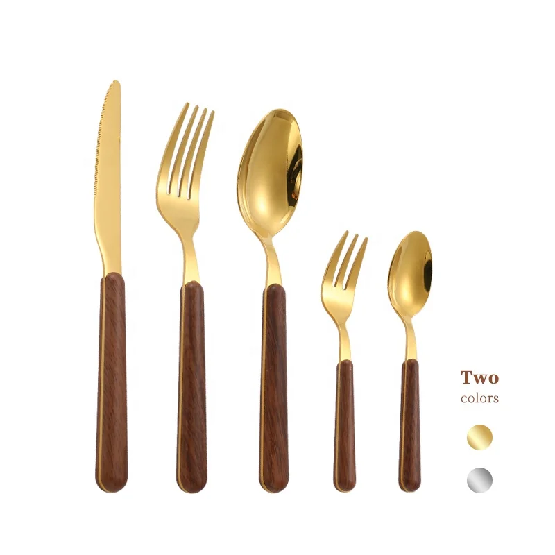 

Food Grade Stainless Steel 430 Reusable Spoon Fork Knife Silverware ABS Plastic Handle Cutlery Set with Wooden Grain