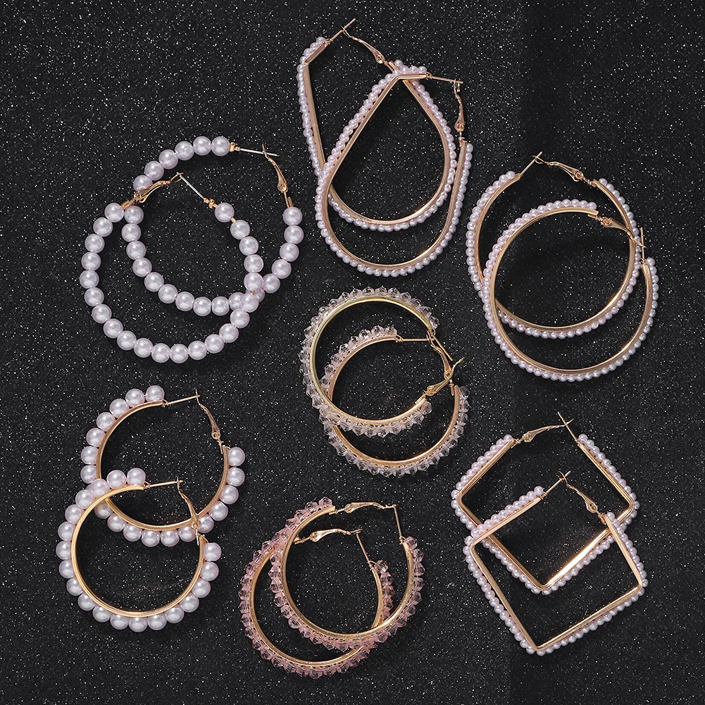 Barlaycs 2020 Fashion Vintage Geometric Square Big Circle Gold Plated Pearl Beaded Hoop Earrings Jewelry for Women