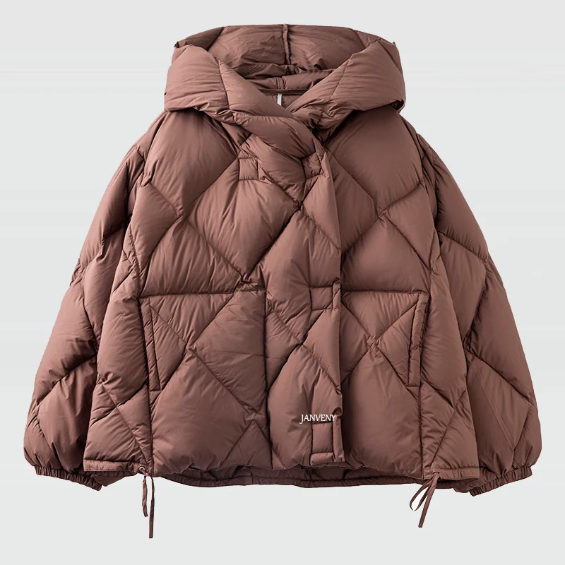 

JANVENY 2021 Winter New Fashion Short 90% White Duck Down Jacket Women Thick Warm Loose Cocoon Type Hooded Diamond Puffer Coat
