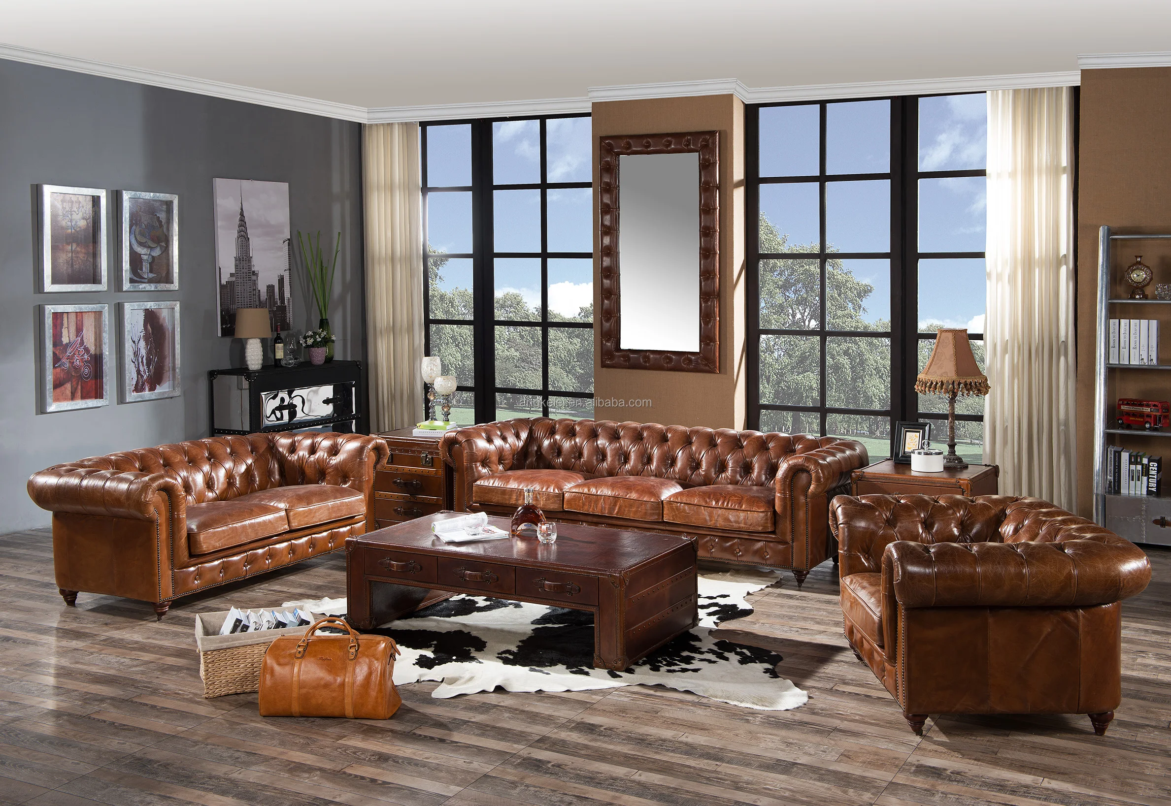 Luxury Vintage 100 Genuine Leather Sofa Sets Distressed Brown Leather