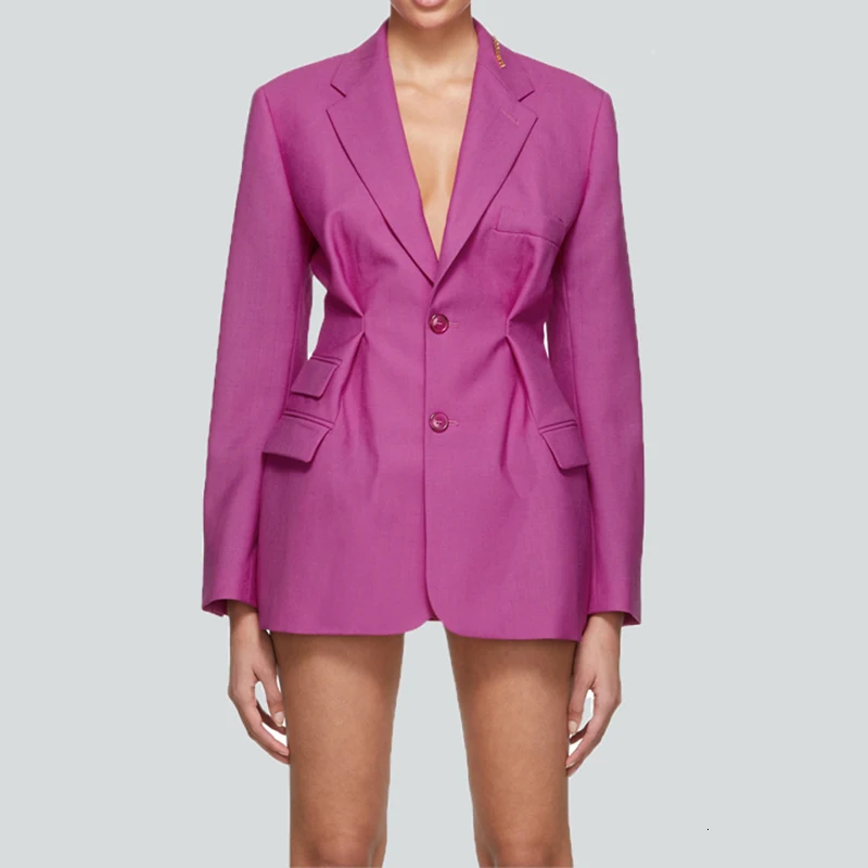 

2020 Spring New Fashion V neck ladies long sleeve jacket blazer high quality oversize Pleated girdle black suit women blazer, Pink, black