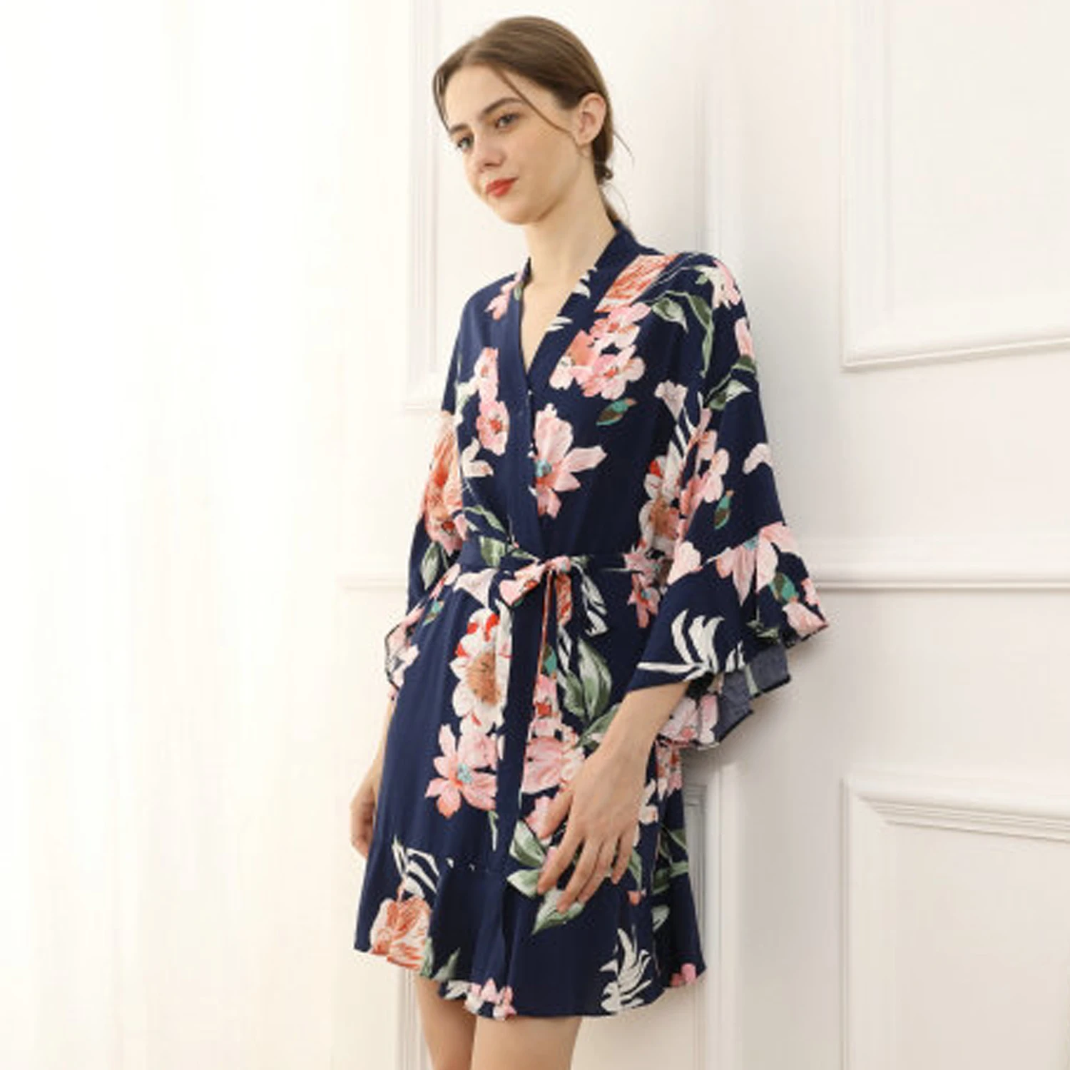 FUNG 6012 Ruffle Soft Printing Floral Women Rayon Robes for Bride and Bridesmaid