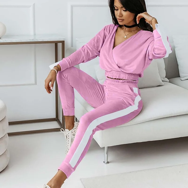 

women autumn winter velvet 2 piece tracksuits crop top and long pants solid casual two piece pants set for women