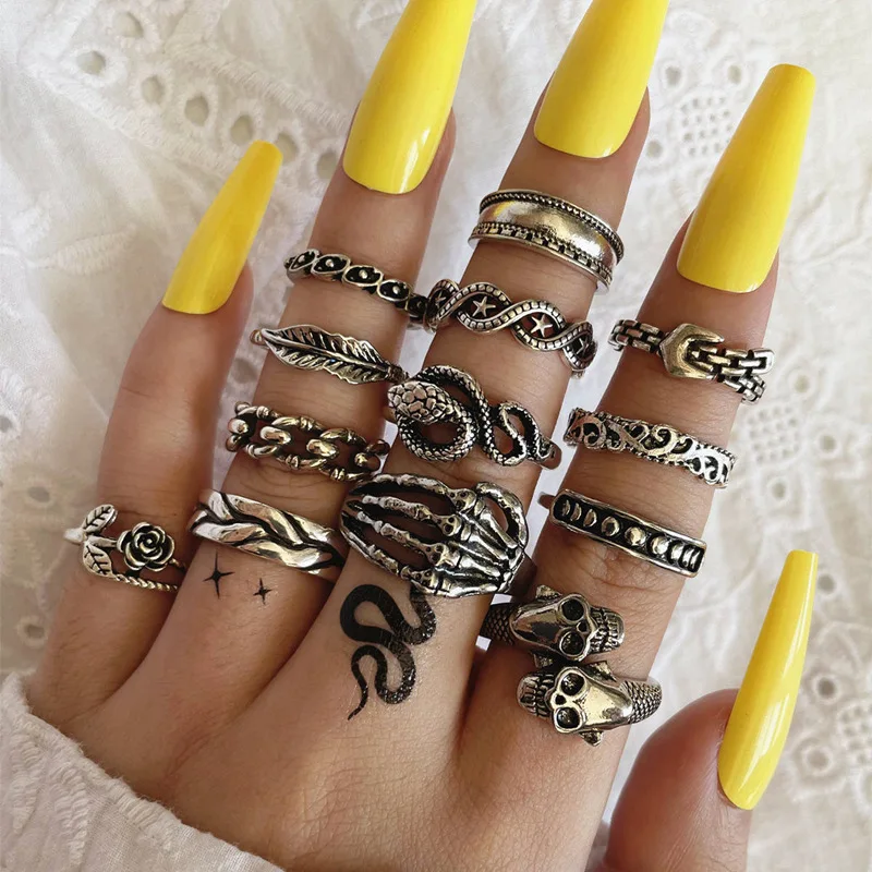 

13 Pcs/Set Punk Leaf Eye Rose Hand Bone Skull Water Pattern Sun Moon Snake Ring Line Winding Star Suit Couple Commemorative Gift, Silver,gold, black, fashion silver