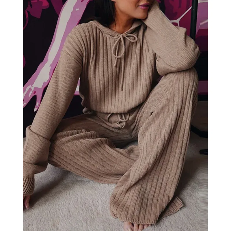 

Knitted Two piece Casual set Women Long Sleeves Sweater and wide-leg pants Suits