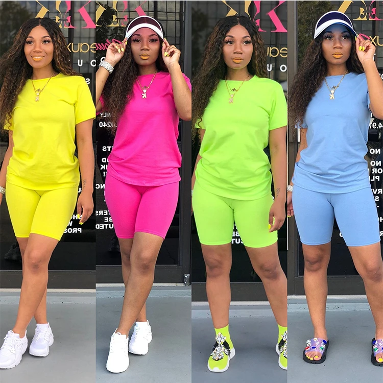 

2021 Women's Clothes Solid color custom logo Short Sleeve 2 Piece Outfits two pieces shorts set, Shown