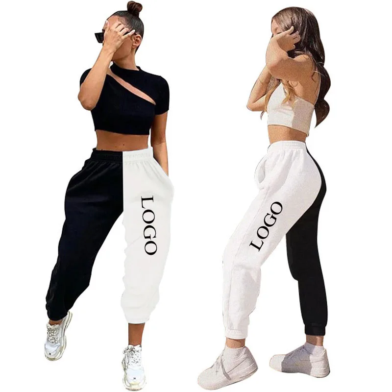 

Logo Print Custom OEM White and Black Ladies Drawstring Color Block Fall Jogger Hiking Sport Bottoms Long Woman Sweat Pants