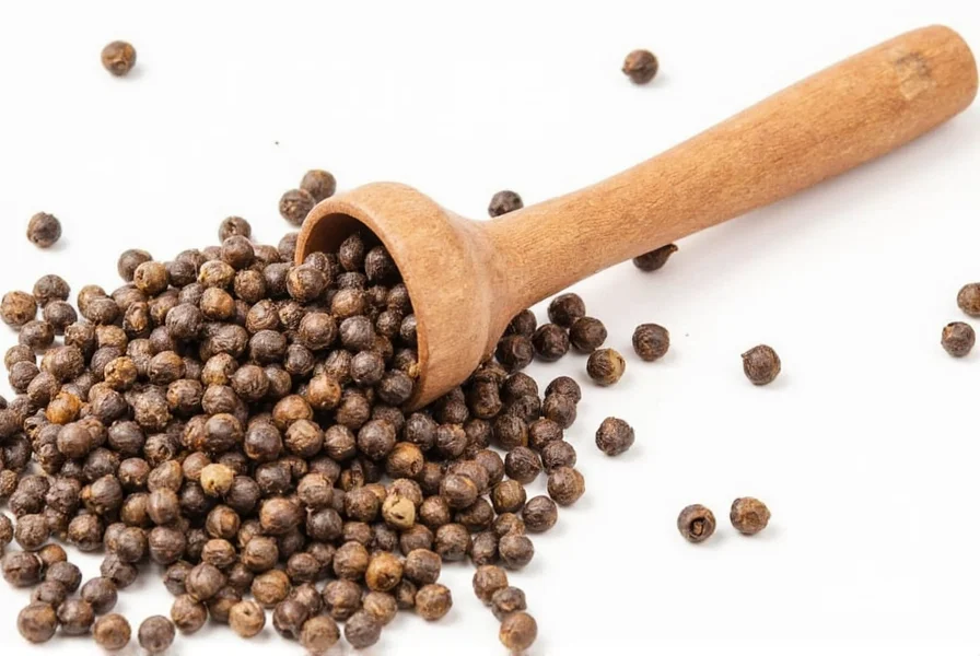 White pepper grains next to black pepper for comparison