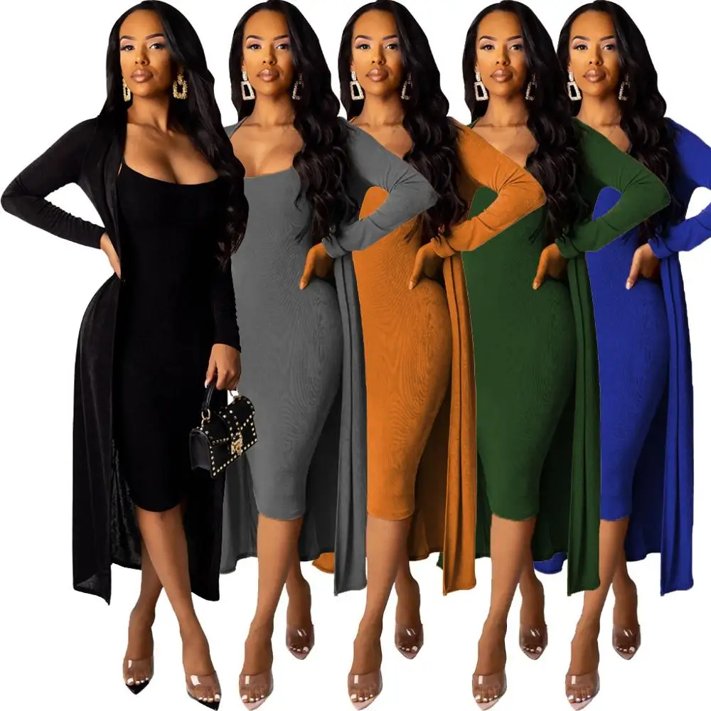 

Winter Outfit Midi Dress Sets Women's Long Sleeve Two Piece Clothes Fall Fashion Style 2019, Black gray blue green orange