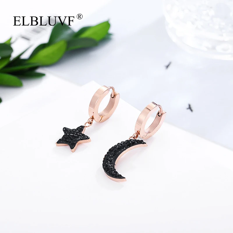 

ELBLUVF 2020 New Fashion Rose Gold Plated Stainless Steel Black Glass Drill Irregular Star Moon Earrings For Women