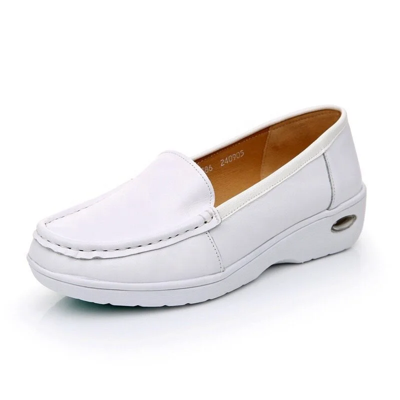 

Factory Wholesale Hot Selling Cow Full grain Leather Women comfortable White Anti-Slip Hospital Work Nurse Shoe