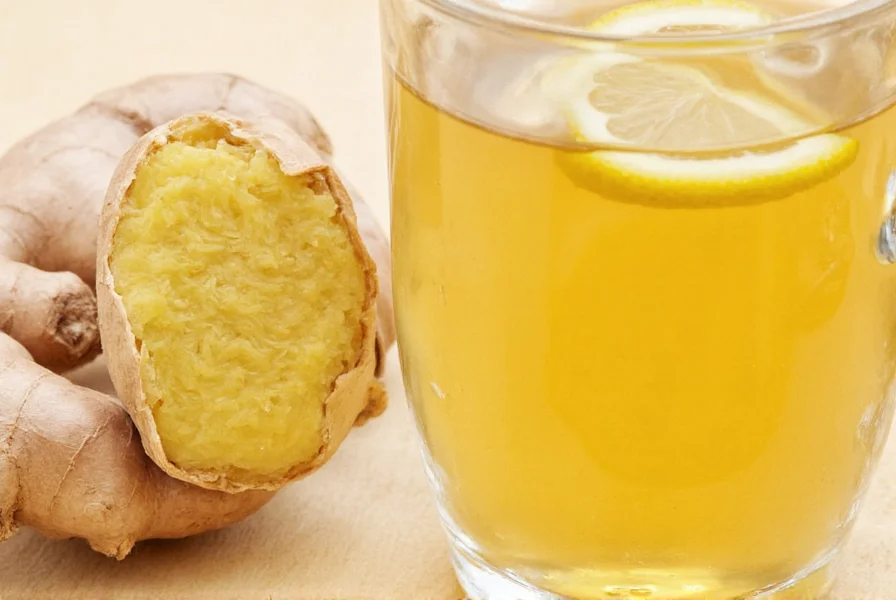 Fresh ginger root sliced open showing fibrous interior and close-up of ginger tea with lemon