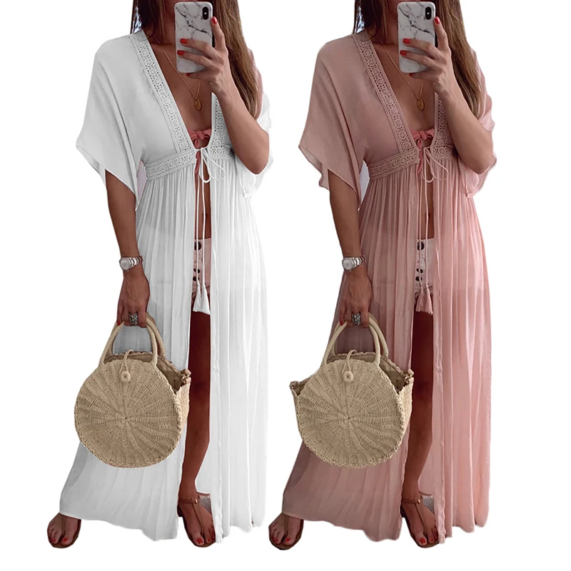 

Women Beach Wear Long Open Front Lace Maxi Kimonos Beach Cover Up, White, yellow, pink, gray