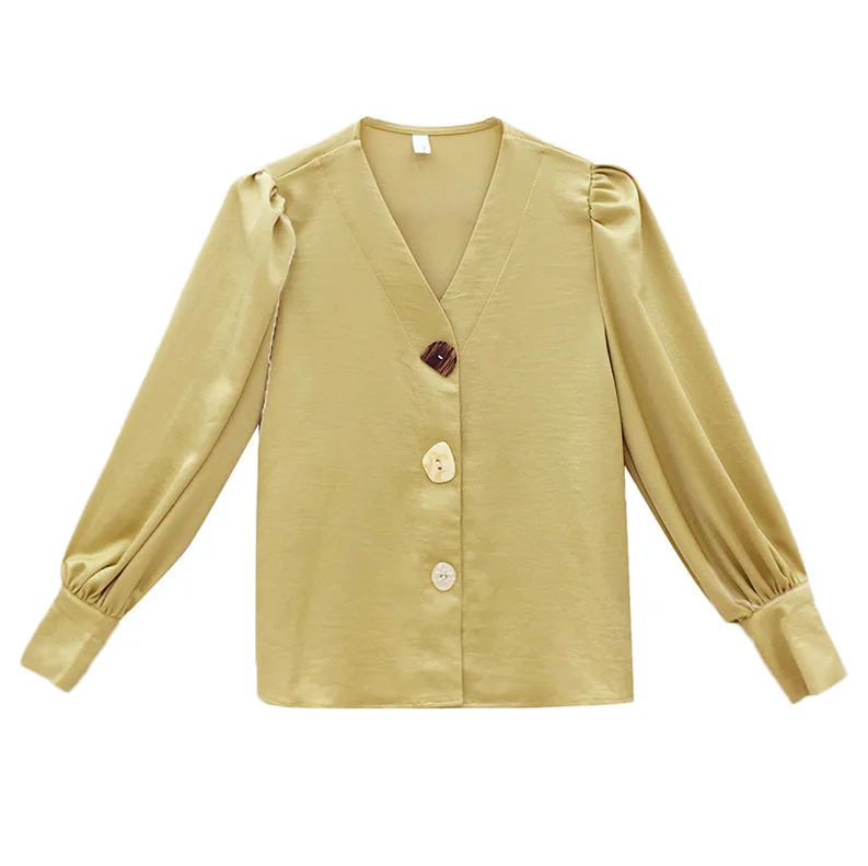 

Women's Design Sense Shirt Small Group Retro Hong Kong Style V-neck Early Autumn Top Light Cooked Lantern Sleeve Shirt