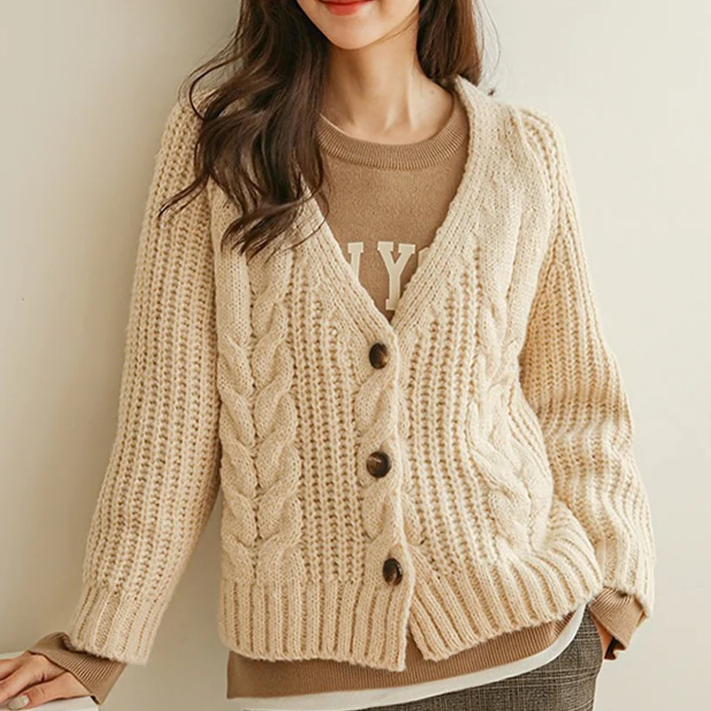 

New Style Women Knit Cardigan Solid Color Button Twist Loose Knitwear Lady Knit Coat Sweater, Customized color