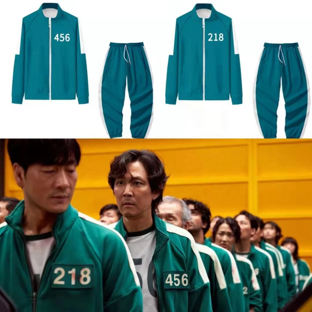 

Squid Game Jacket Pants Round Neck Men Costumes Cosplay Suits Sports Zipper Cardigan Digital 456 Printing Pocket Sweatshirts Set, Green