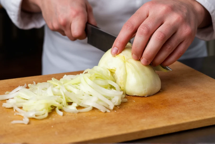 Professional chef's hands demonstrating proper fennel cutting technique with sharp knife on wooden cutting board