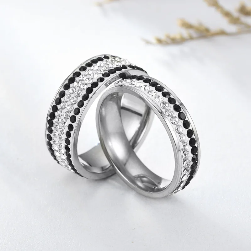 

Simple Romantic Korean Style 6mm 8mm Stainless Steel Crystal Rings Titanium Steel Diamond Rings For Women Men Couples, Colors