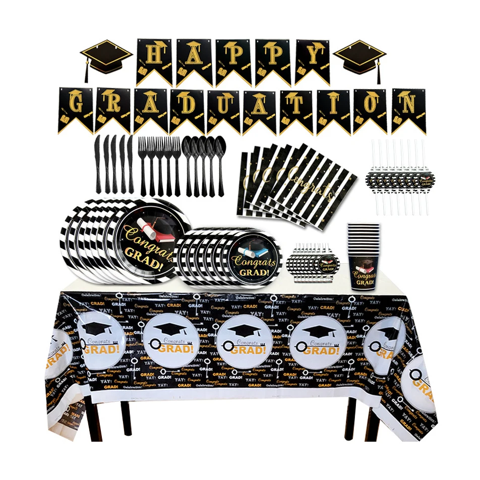 

2023 New Party Supplies Gold and Black Graduation Season Theme Party Tableware Set Disposable Tableware Set