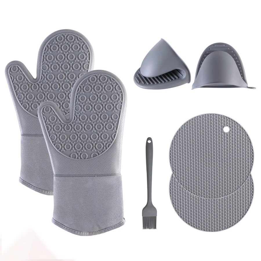 

Home Kitchen Oven Microwave Cooking BBQ Grill Gloves Non-slip Extra Long Cotton Lining Heat Resistant Silicone Oven Mitts Set