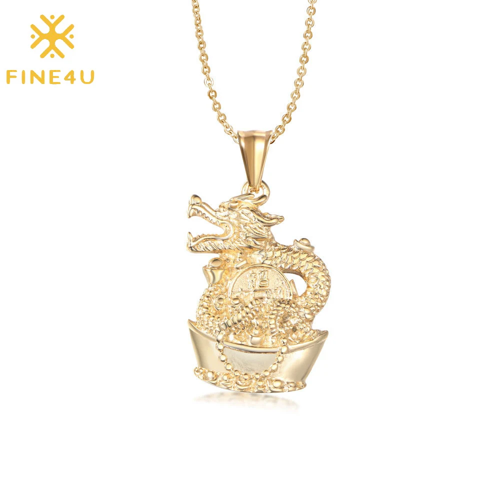 

New Year Gift Gold Plated Stainless Steel Zodiac Raptors Cool Animal Dragon Pendant Necklace For Men