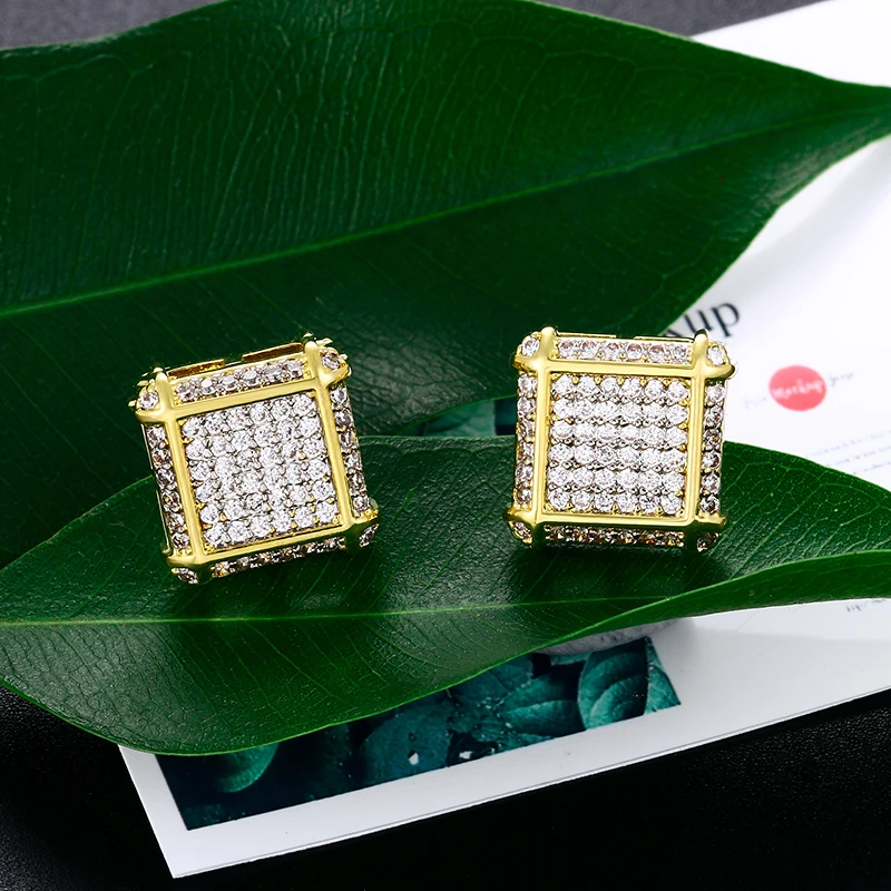 

Drop Shipping Iced Out Screw Back Earring Men Kite Shape Earrings Square Hiphop Earrings, White gold